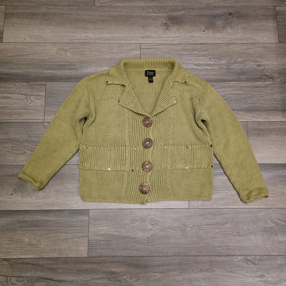 Vtg Pure Handknit Cotton Cardigan  Sweater Lt. Green L/XL with Wooden Buttons